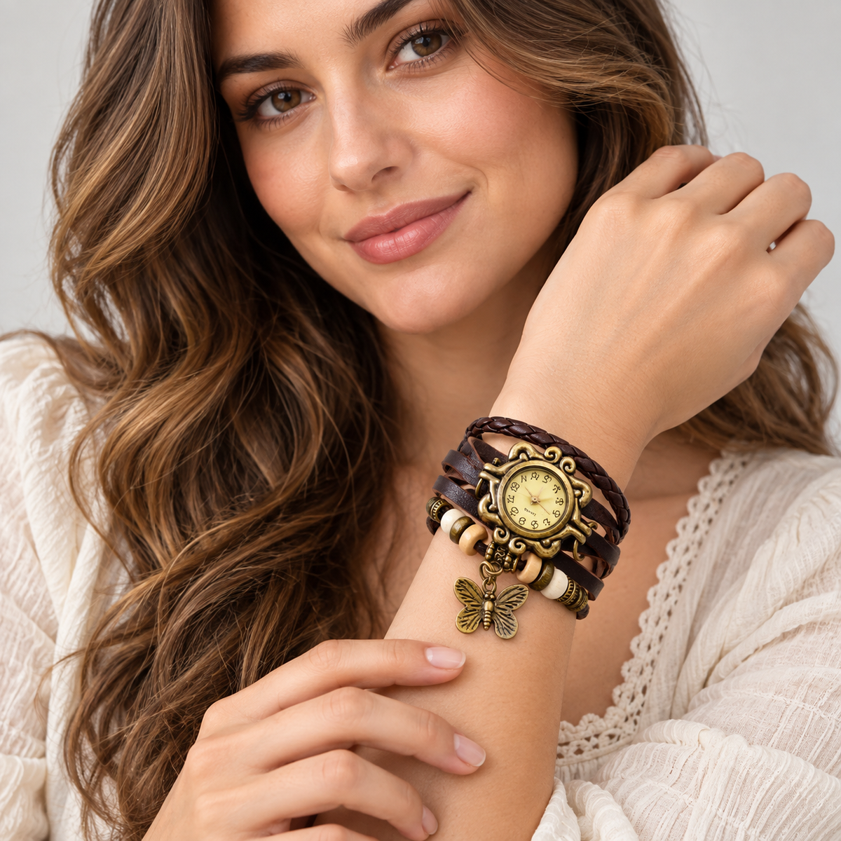 Vintage Wrap Armbåndsur til Damer - Vævet Læder med Charms