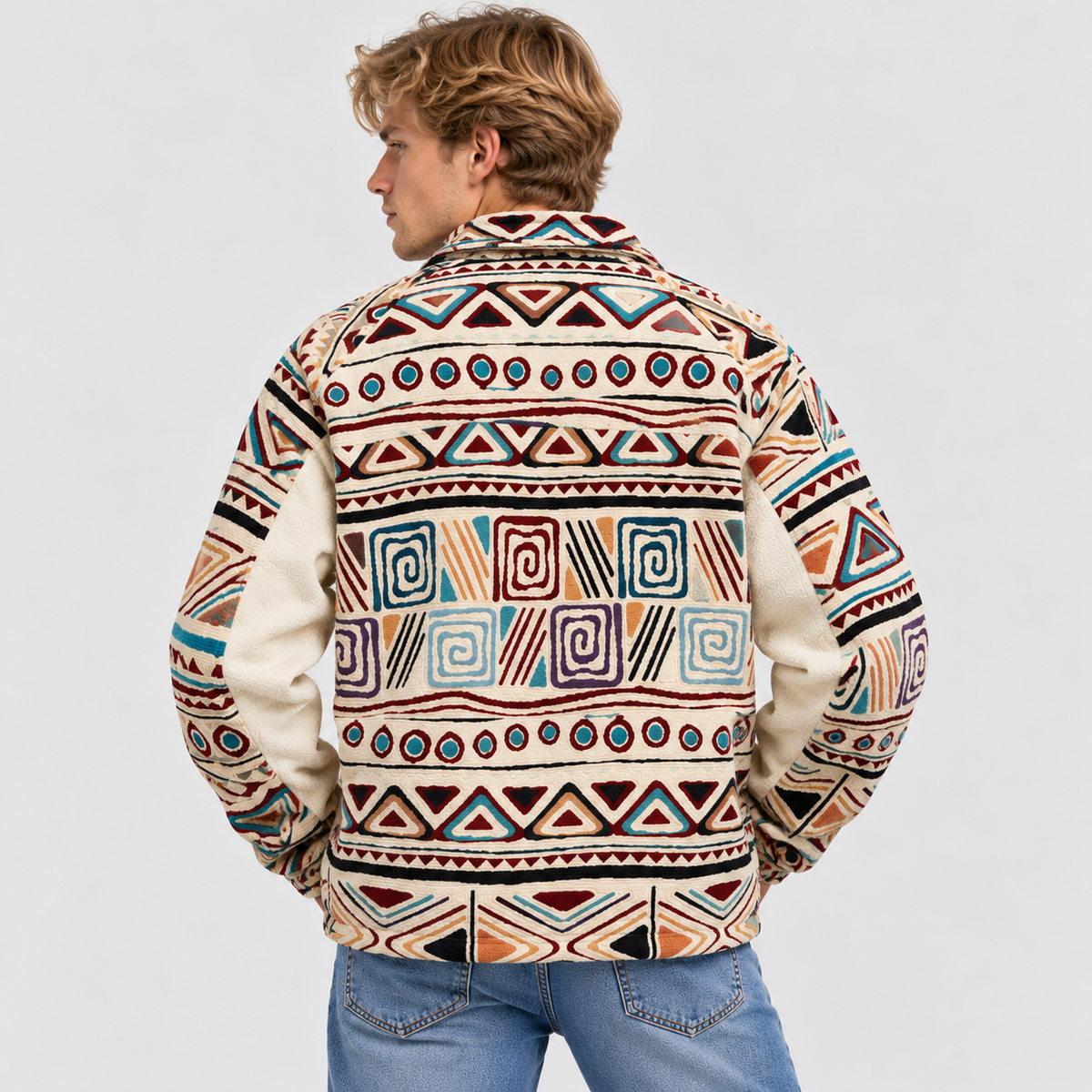 Herrer Aztekerprintet Denimjakke - Klassisk Krave, Brystlommer