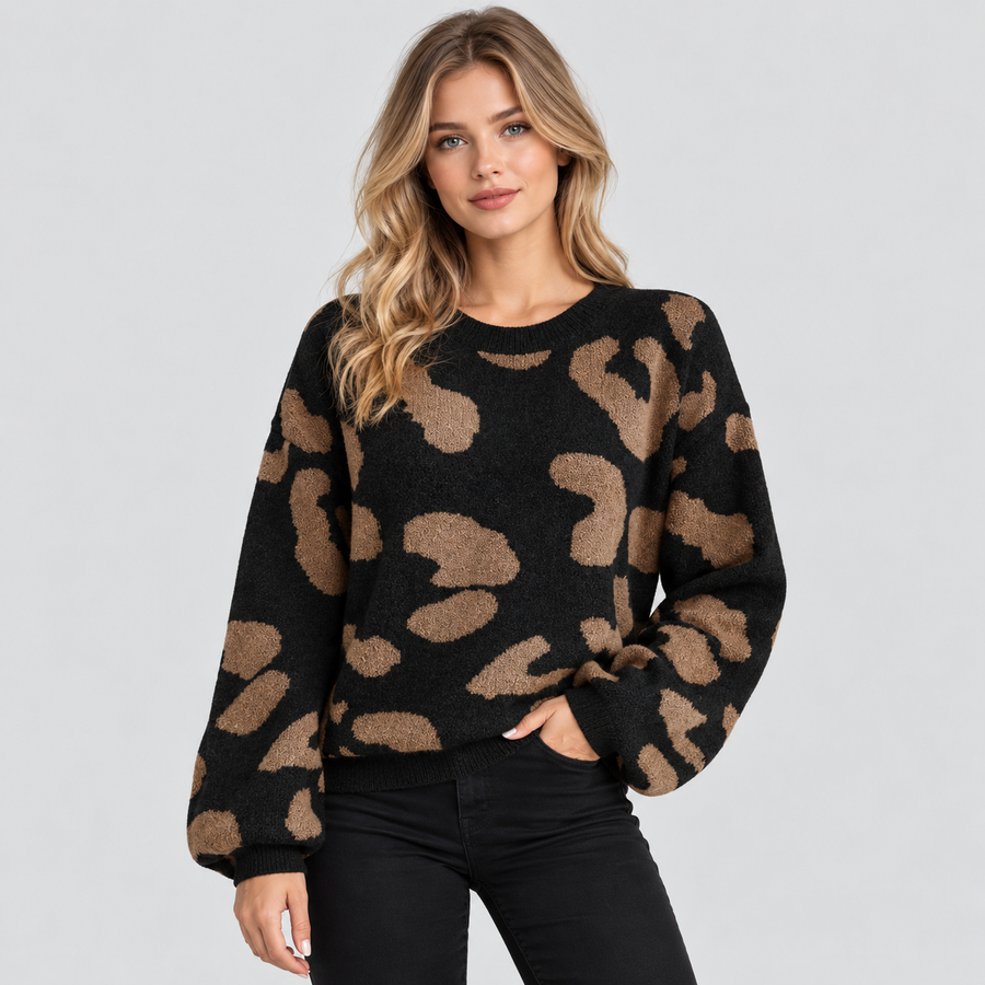 Leopardmønstret Sweater til Damer - Rund Hals, Lange Ærmer