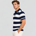 Jacquard Stribet Polo til Herrer - Åben Krave med Ribbede Manchetter