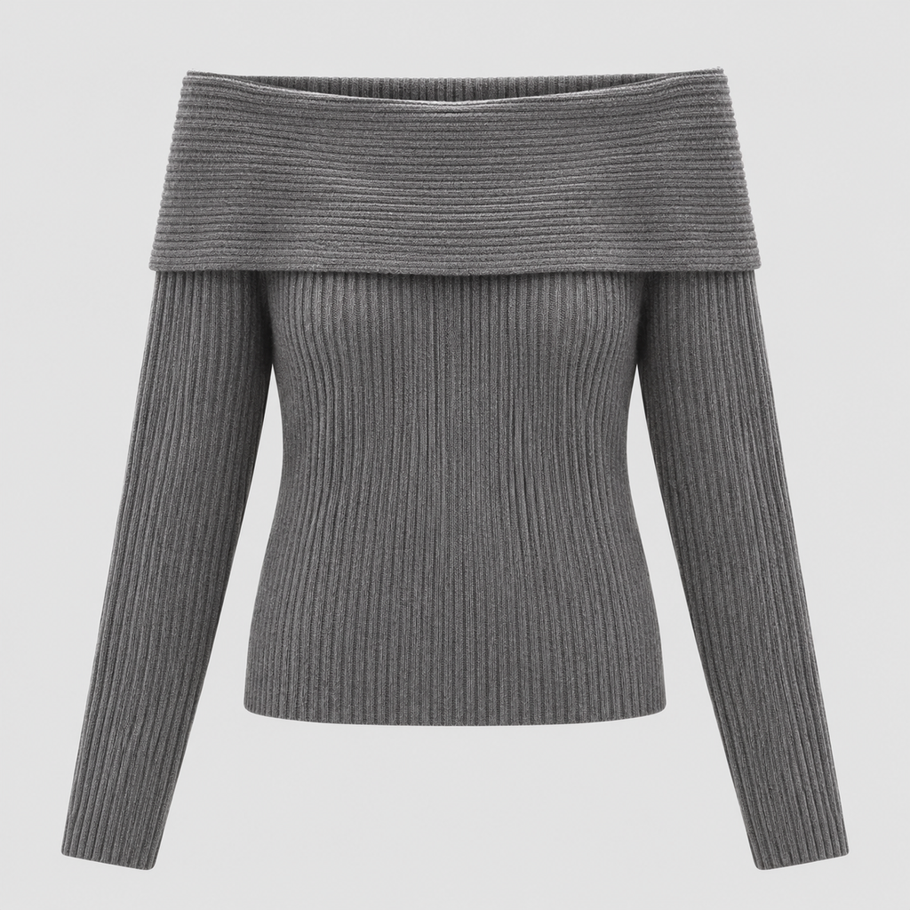 Off-Shoulder Sweater til Damer - Foldet Halsudskæring, Lange Ærmer
