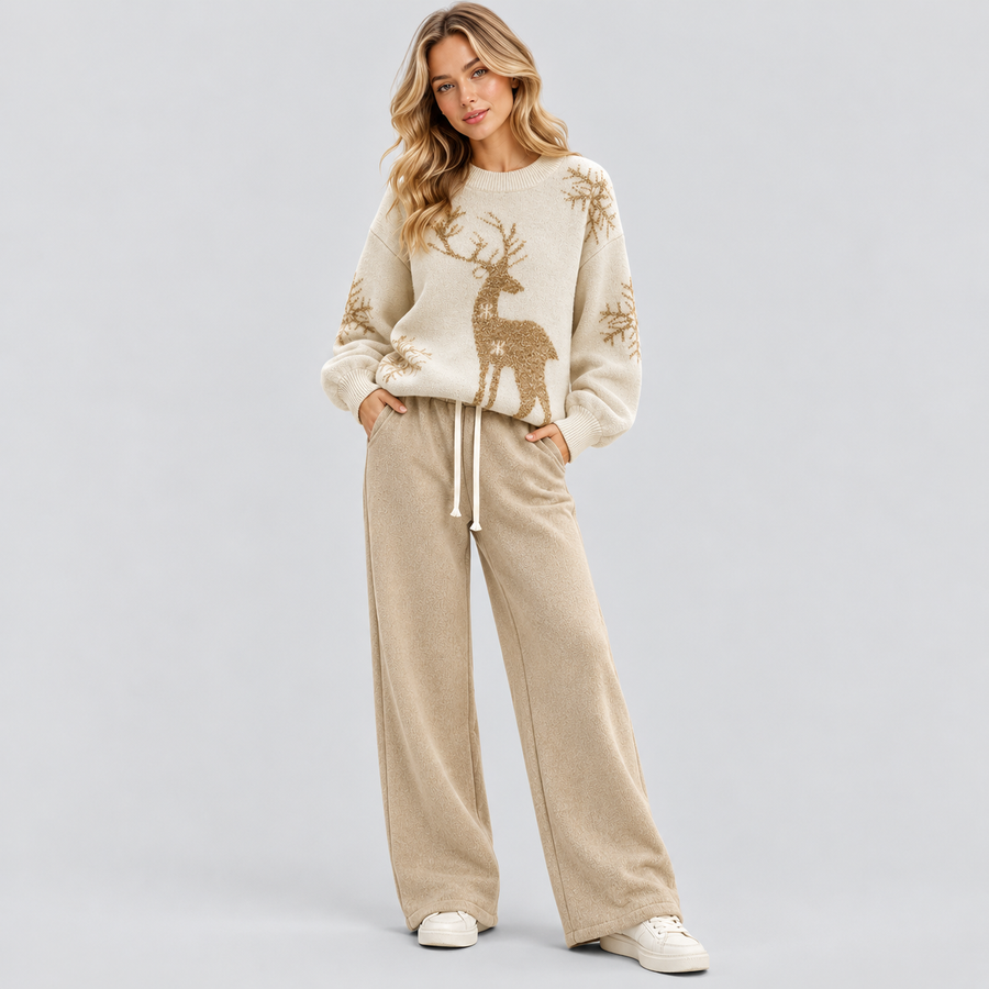 Hjortebroderet Sweater til Damer - Cremefarvet Strikket Pullover