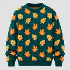 Efterårsbladprintet Sweater - Rund Hals, Afslappet Strik
