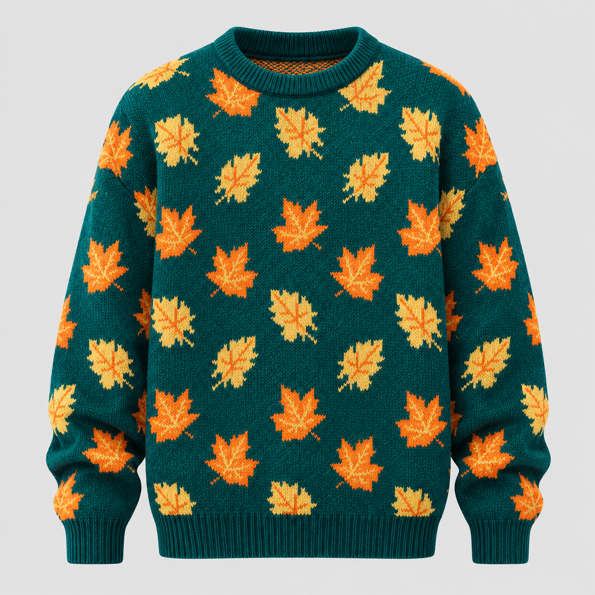 Efterårsbladprintet Sweater - Rund Hals, Afslappet Strik
