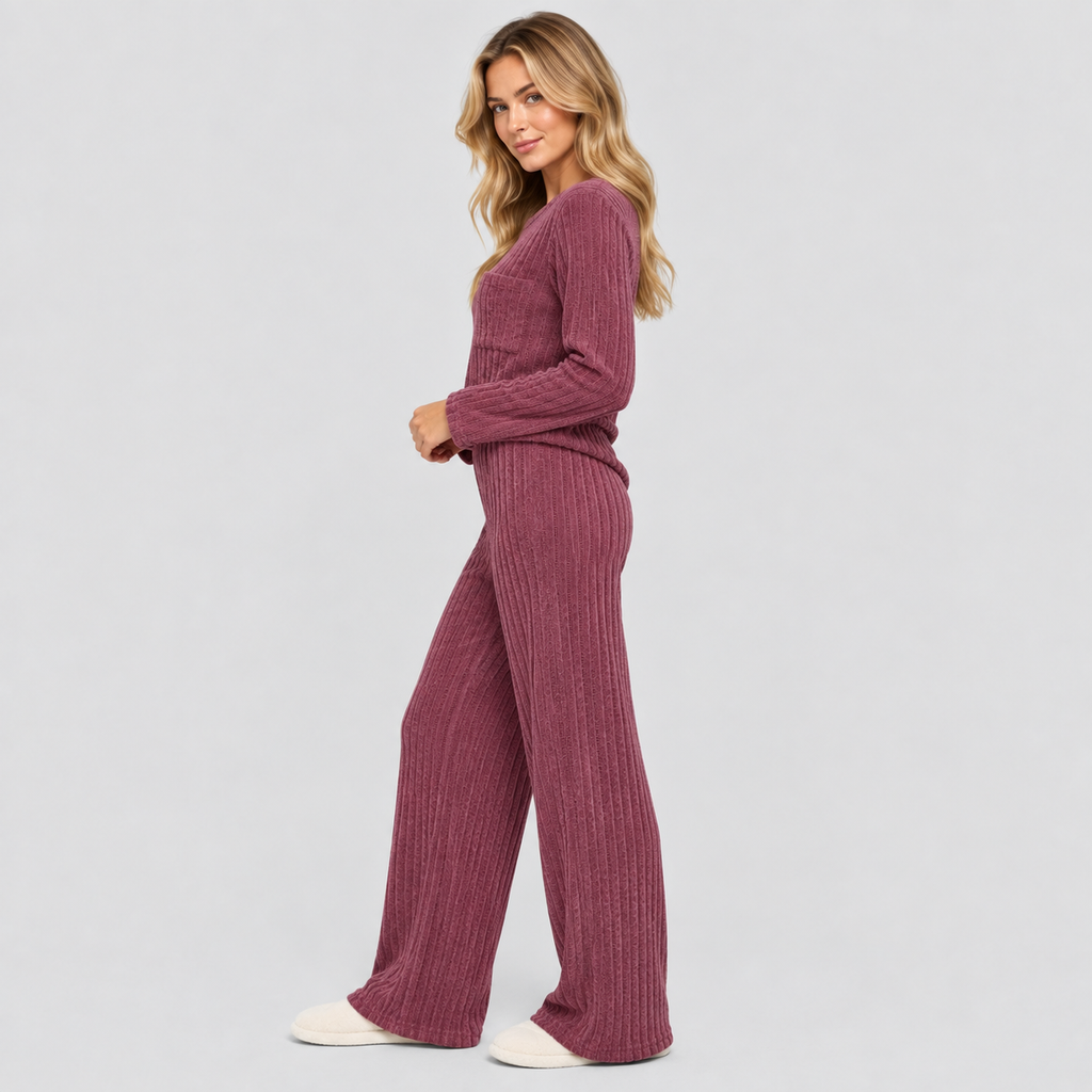 Dame Ribbet Loungesæt – Langærmet Vide Bukser Loungewear