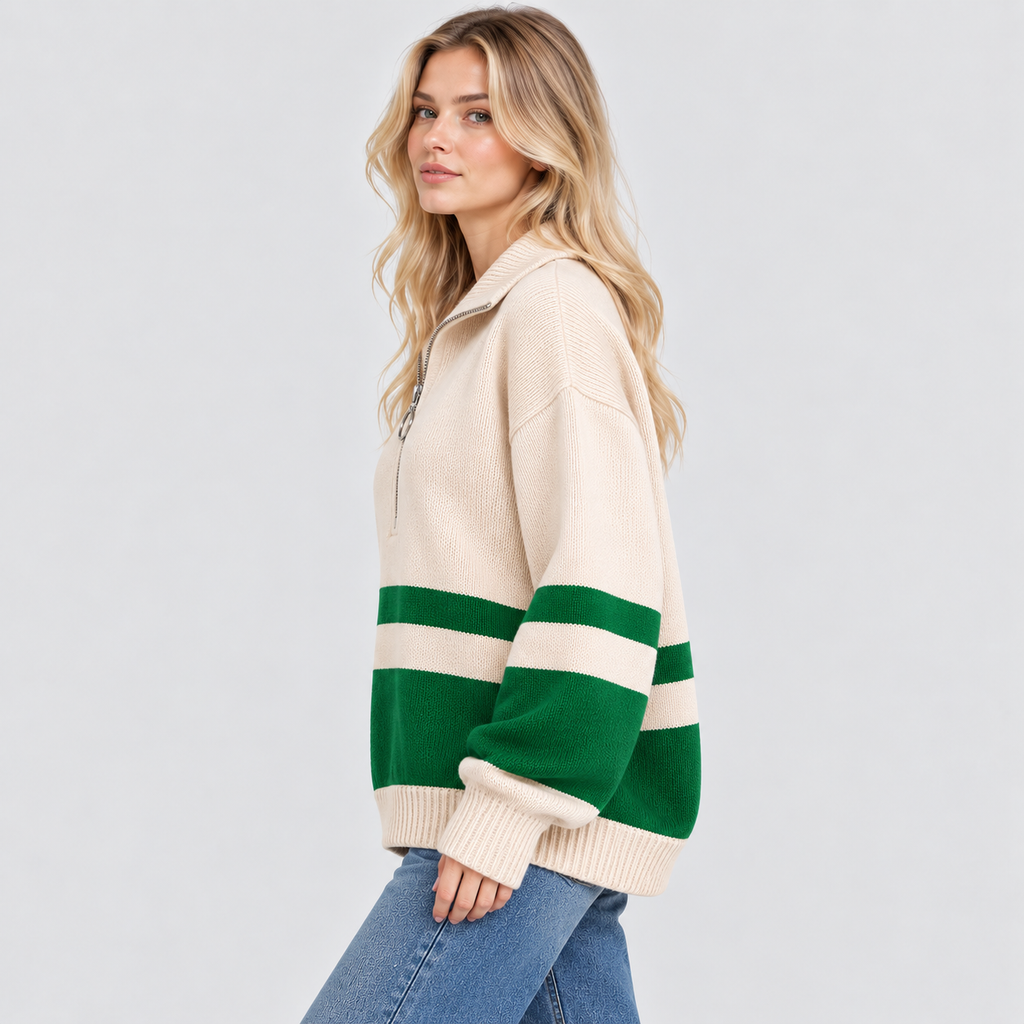 Stribet Sweater med Kort Lynlås til Damer - Colorblock Strik