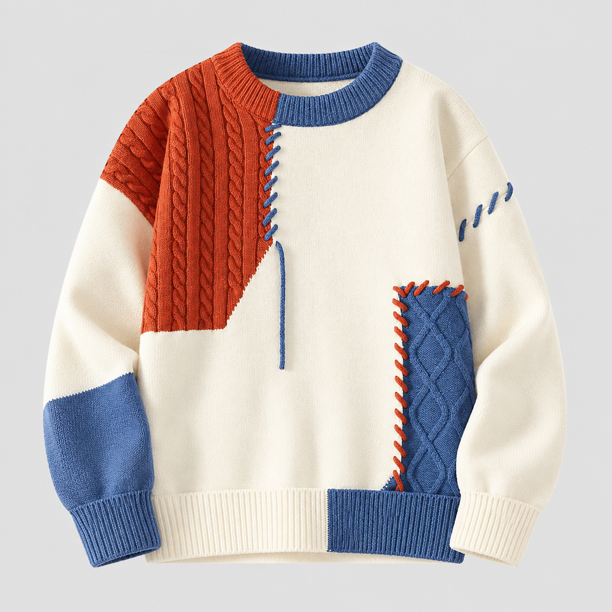 Patchwork Sweater til Herrer - Colorblock Strik med Kabelstruktur