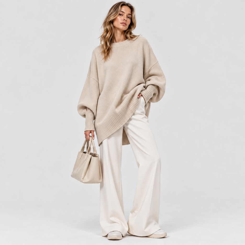 Oversized Poncho Sweater – Asymmetrisk Kant Ribbet Hals