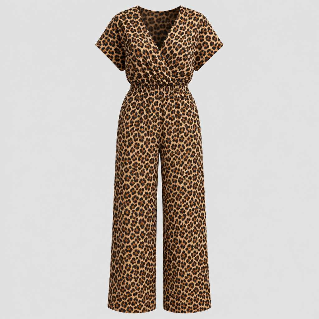 Panterprint Jumpsuit til Damer - Wrap V-Hals med Brede Ben