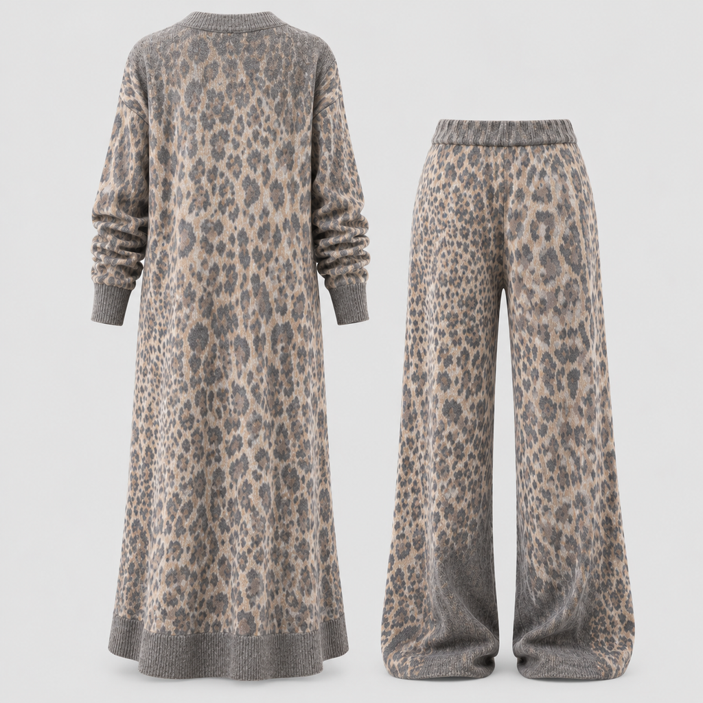 Todelt Sæt med Leopardprint til Damer - Cardigan og Brede Bukser