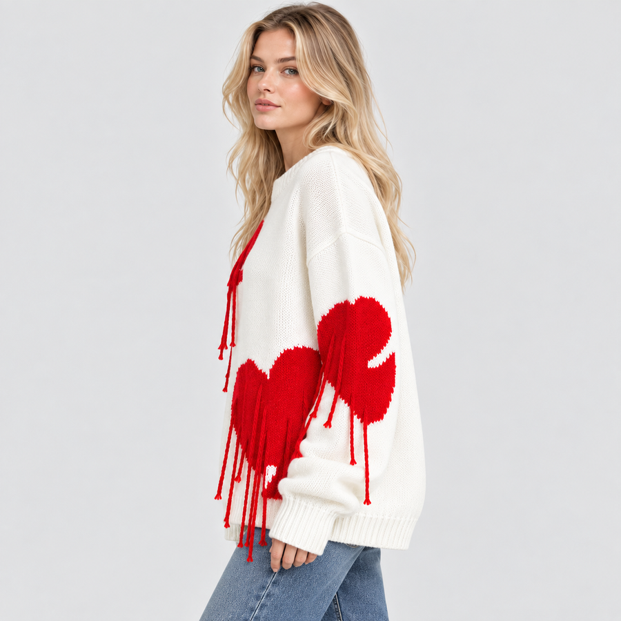 Hjerteprintet Sweater til Damer - Strikdesign med Dryppende Hjerte