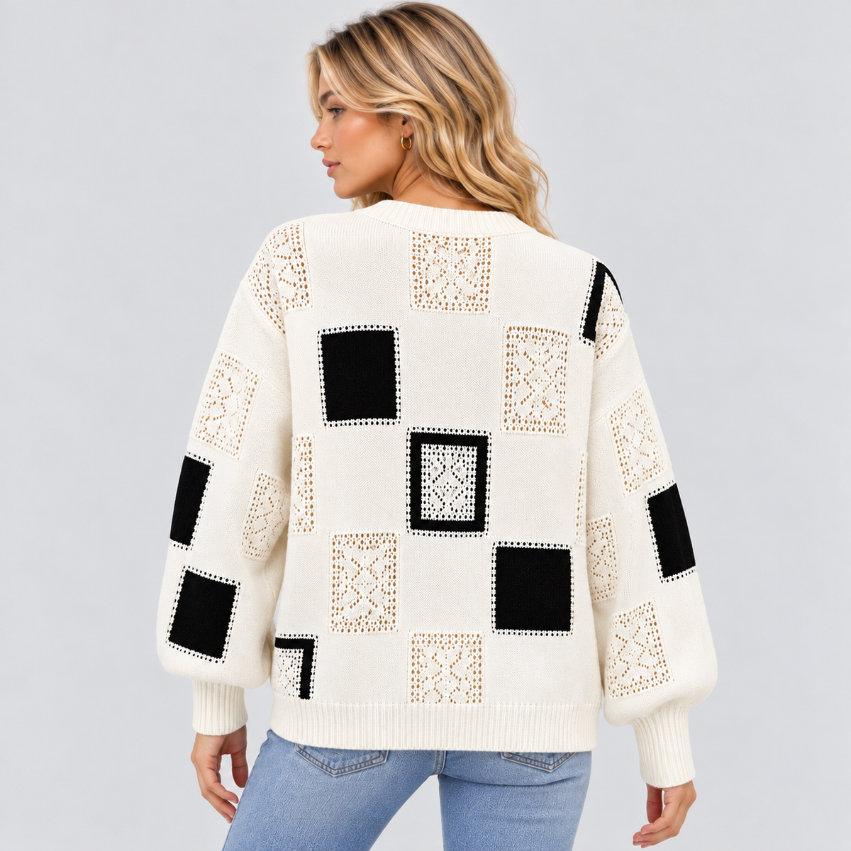 Sweater med Abstrakt Kvadratmønster til Damer - Lange Ærmer