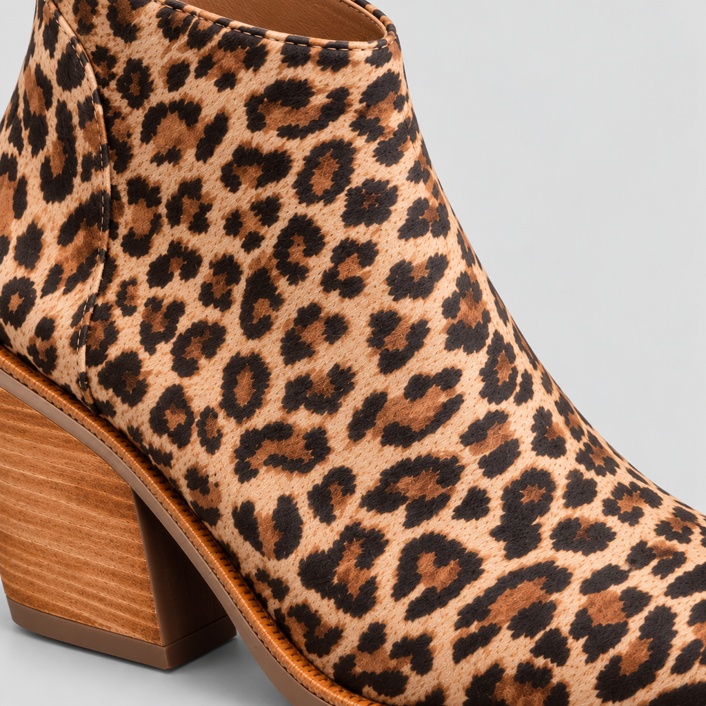 Ankelstøvler med Leopardprint til Damer - Spids Tå, Blokhæl