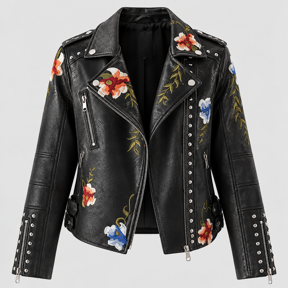 Broderet Motorcykeljakke til Damer - Blomsterprint, Vegansk Materiale