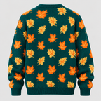 Efterårsbladprintet Sweater - Rund Hals, Afslappet Strik