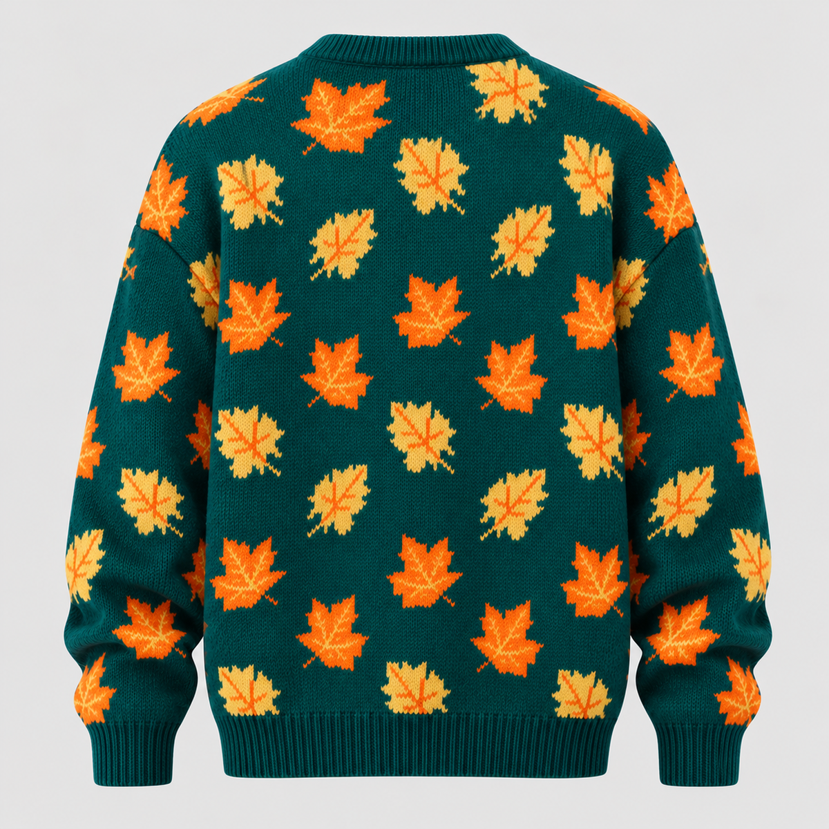 Efterårsbladprintet Sweater - Rund Hals, Afslappet Strik