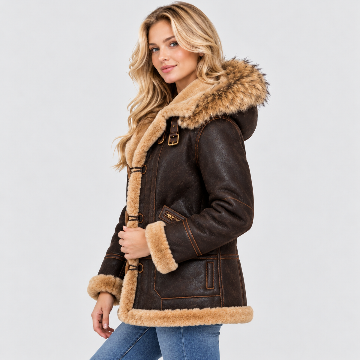 Hættejakke i Shearling-Stil - Mørkebrun, Fleeceforet