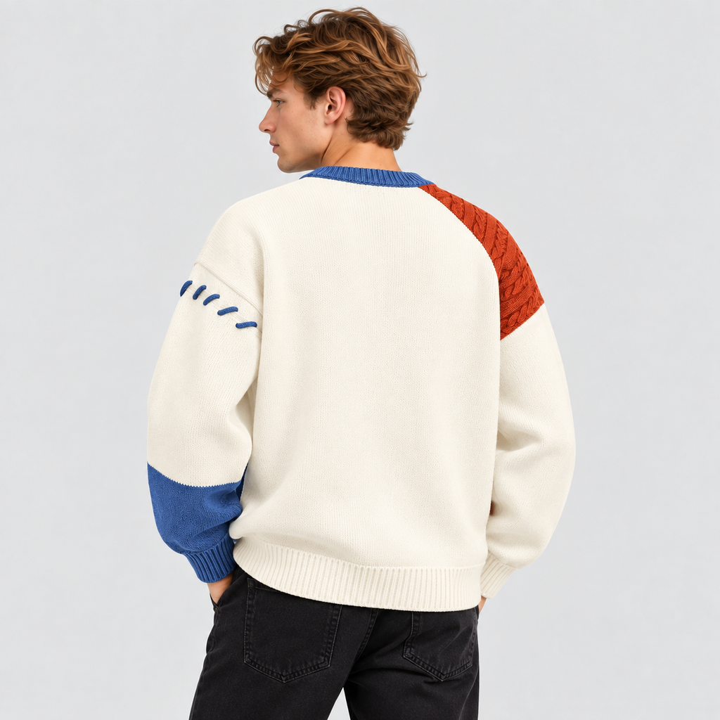 Patchwork Sweater til Herrer - Colorblock Strik med Kabelstruktur