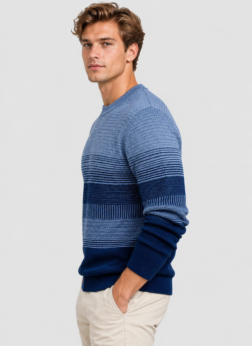 Uldsweater med Gradueringsstriber til Herrer - Rund Hals, Ribbet Kant