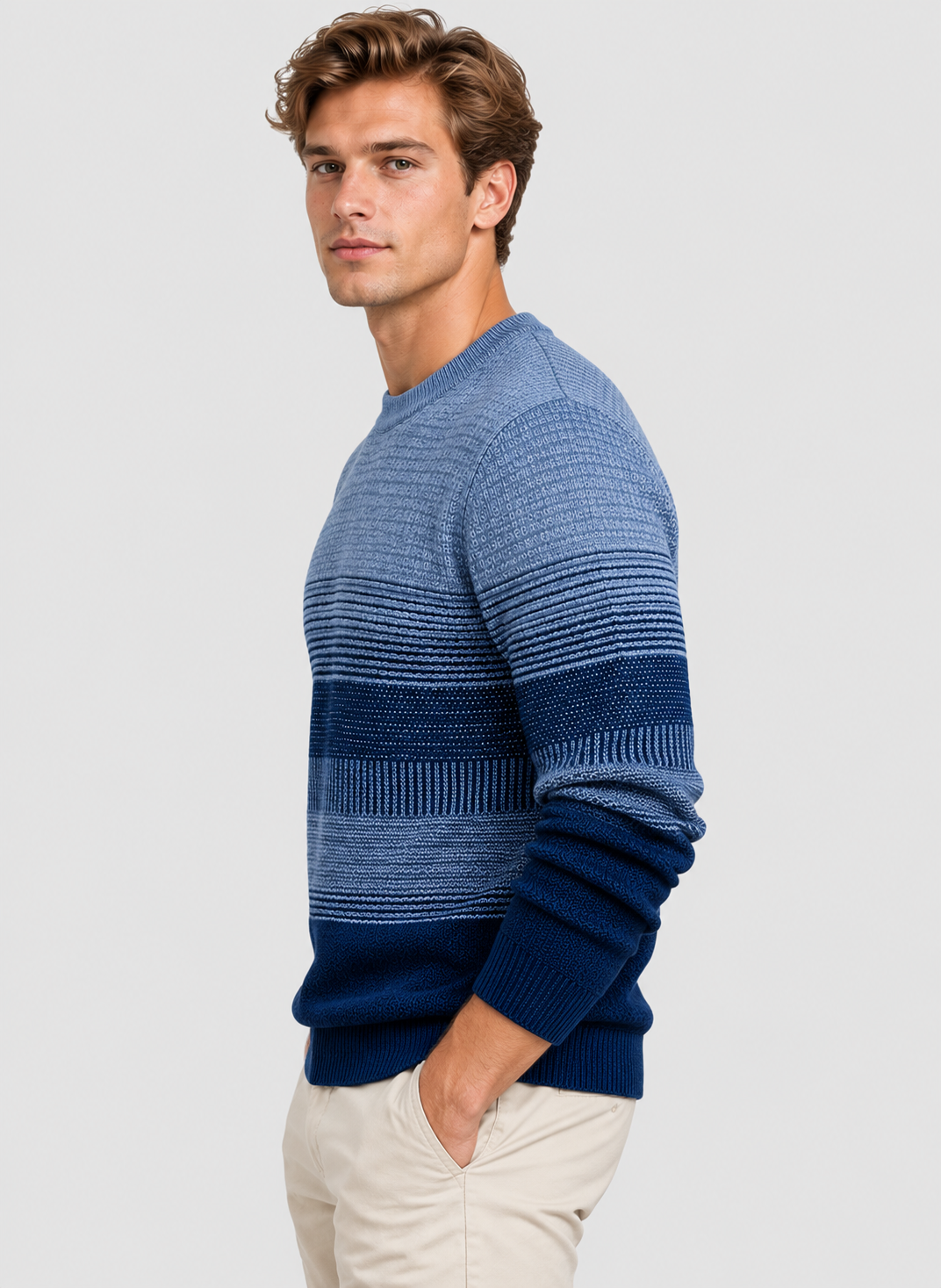 Uldsweater med Gradueringsstriber til Herrer - Rund Hals, Ribbet Kant