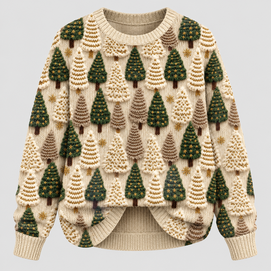Fyrretræsprintet Sweater - Rund Hals, Oversized Strik