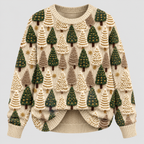 Fyrretræsprintet Sweater - Rund Hals, Oversized Strik