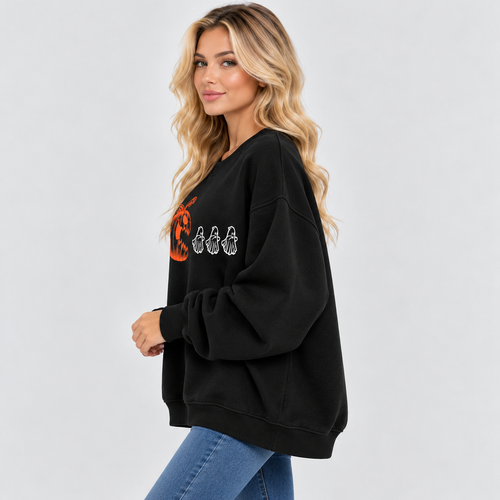 Halloween Sweatshirt med Rund Hals - Græskarprint på Brystet