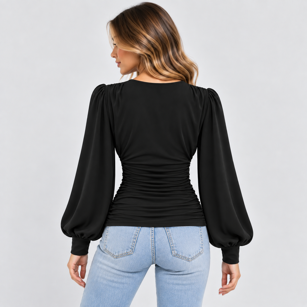 Dame Dyb V-Hals Bluse – Langærmet Wrap Front Top