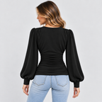 Dame Dyb V-Hals Bluse – Langærmet Wrap Front Top