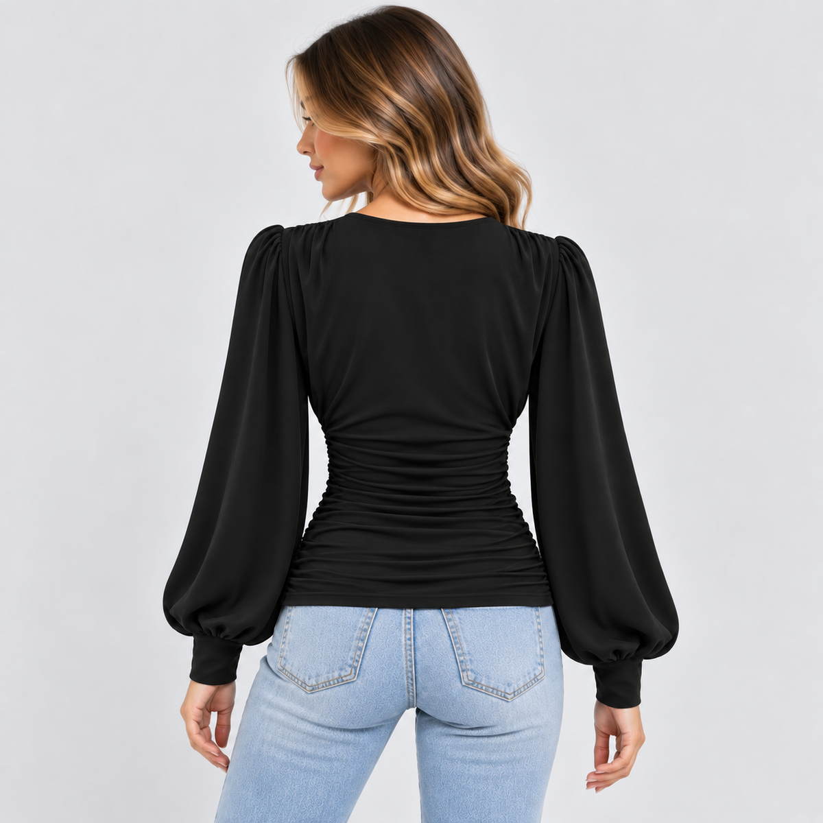 Dame Dyb V-Hals Bluse – Langærmet Wrap Front Top