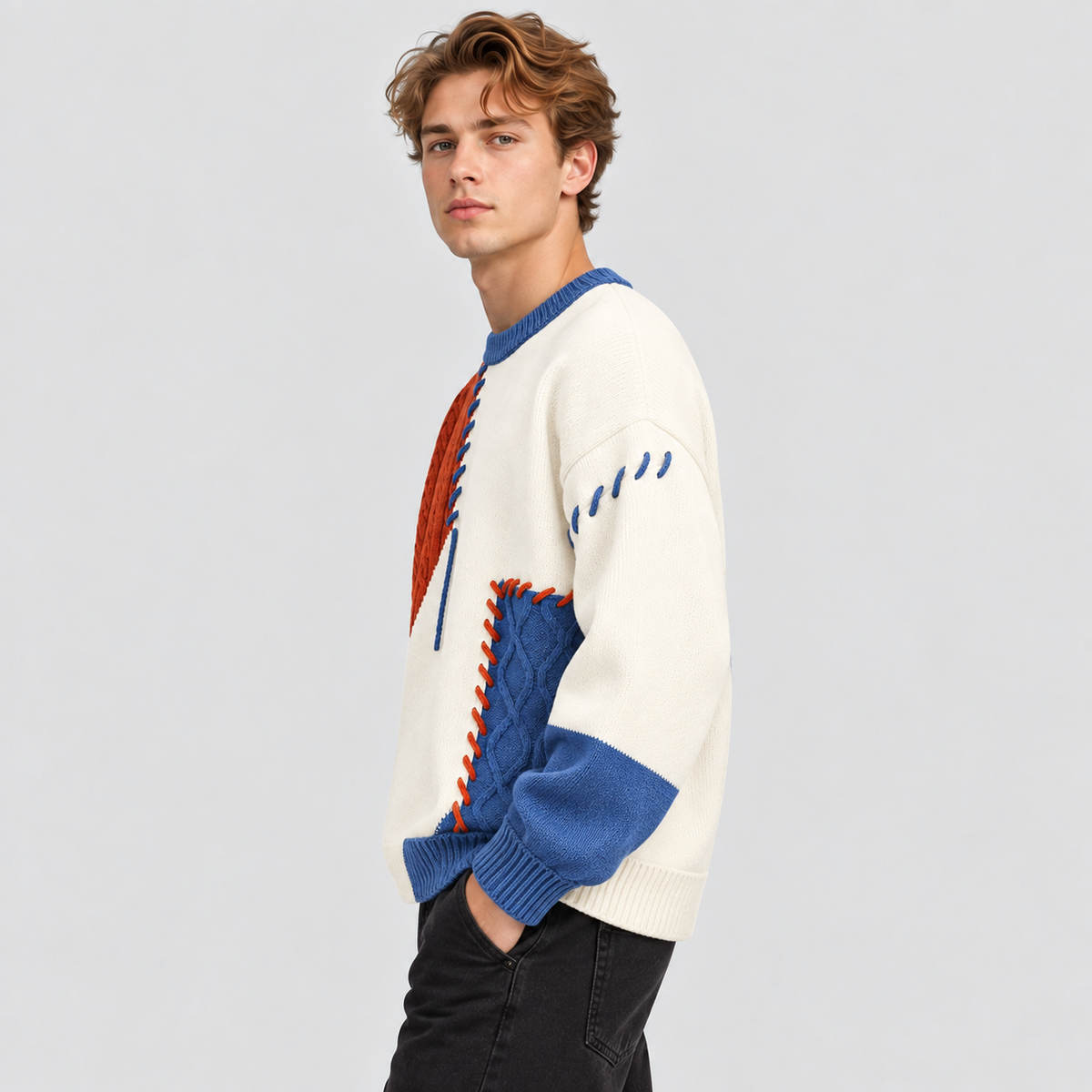 Patchwork Sweater til Herrer - Colorblock Strik med Kabelstruktur
