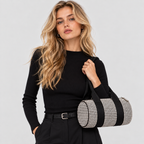 Hanekamsmønstret Barrel Bag til Damer - Cylindrisk Facon med Læderlook-Kant