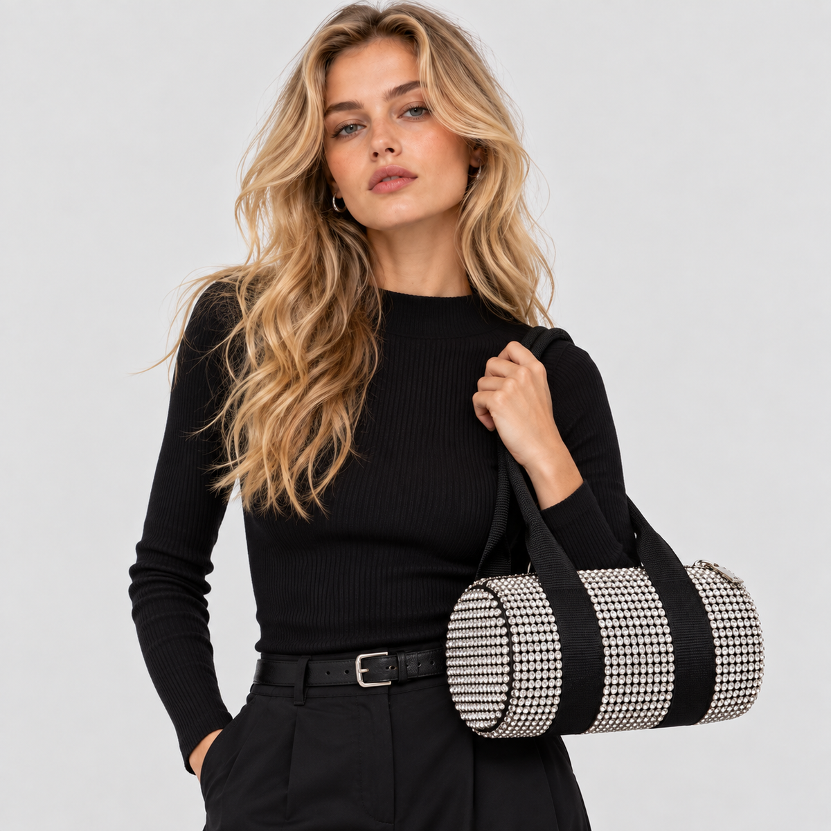 Hanekamsmønstret Barrel Bag til Damer - Cylindrisk Facon med Læderlook-Kant