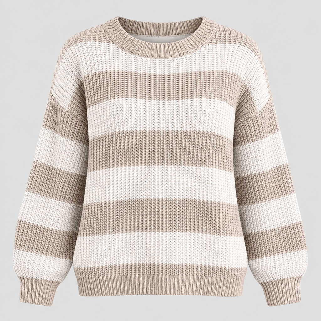 Stribet Grovstrikket Sweater til Damer - Rund Hals, Faldende Skuldre
