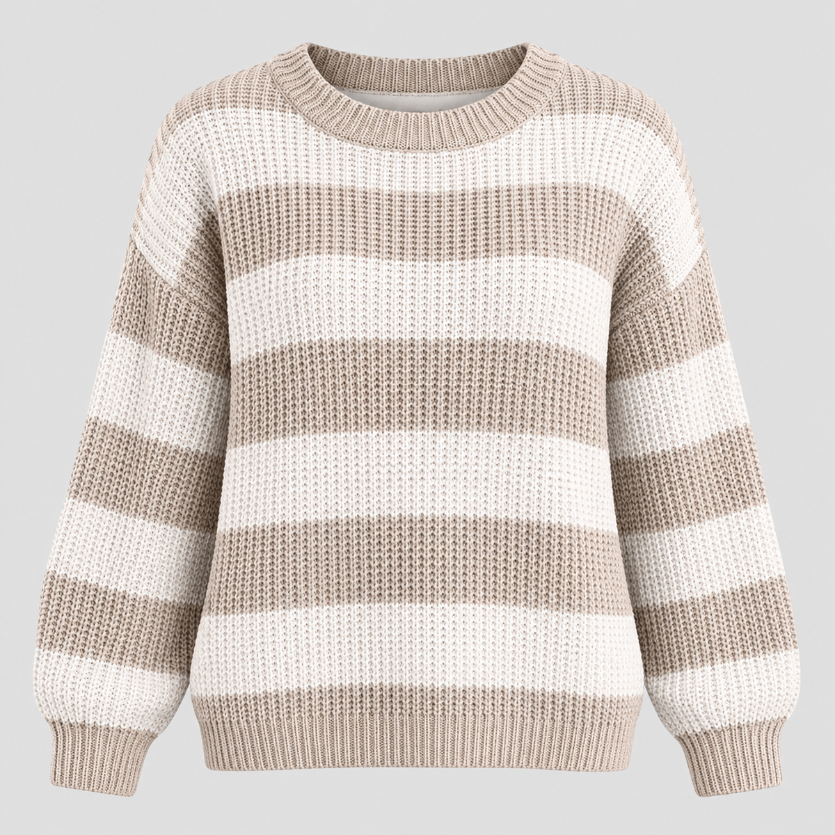 Stribet Grovstrikket Sweater til Damer - Rund Hals, Faldende Skuldre