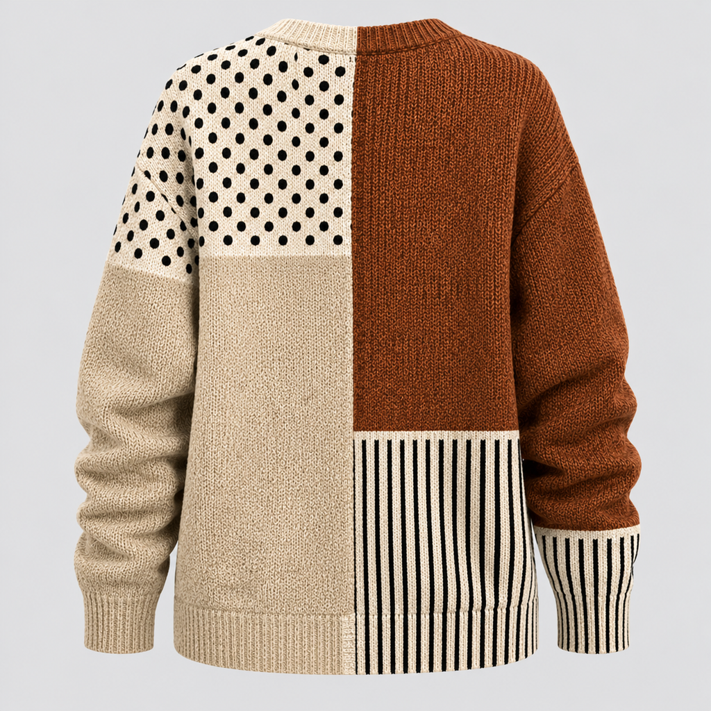 Cardigan med Blandede Paneler - Prikket og Stribet Patchwork-Strik