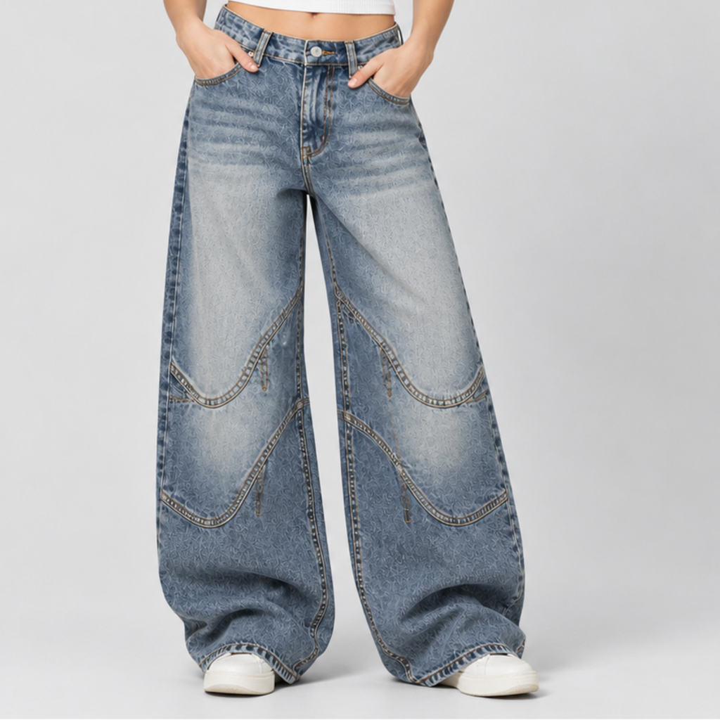 Ekstra Vide Jeans – Ribbet Talje Distressed Denim