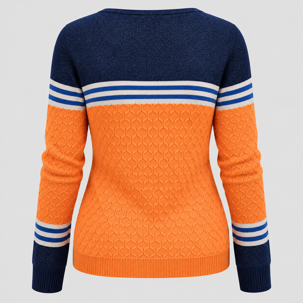 Colorblock Sweater til Damer - Rund Hals, Knapdetalje