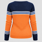 Colorblock Sweater til Damer - Rund Hals, Knapdetalje