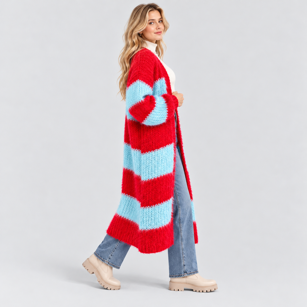 Stribet Cardigan til Damer - Åben Front, Lang Model