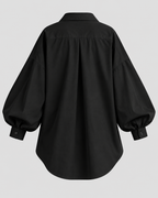 Oversized Skjortebluse til Damer - Ballonærmer, Asymmetrisk Kant, Spids Krave