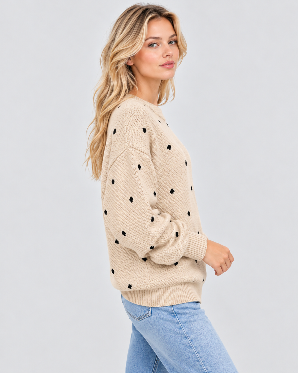 Strikket Sweater med Prikker til Damer - Rund Hals, Ribbede Manchetter
