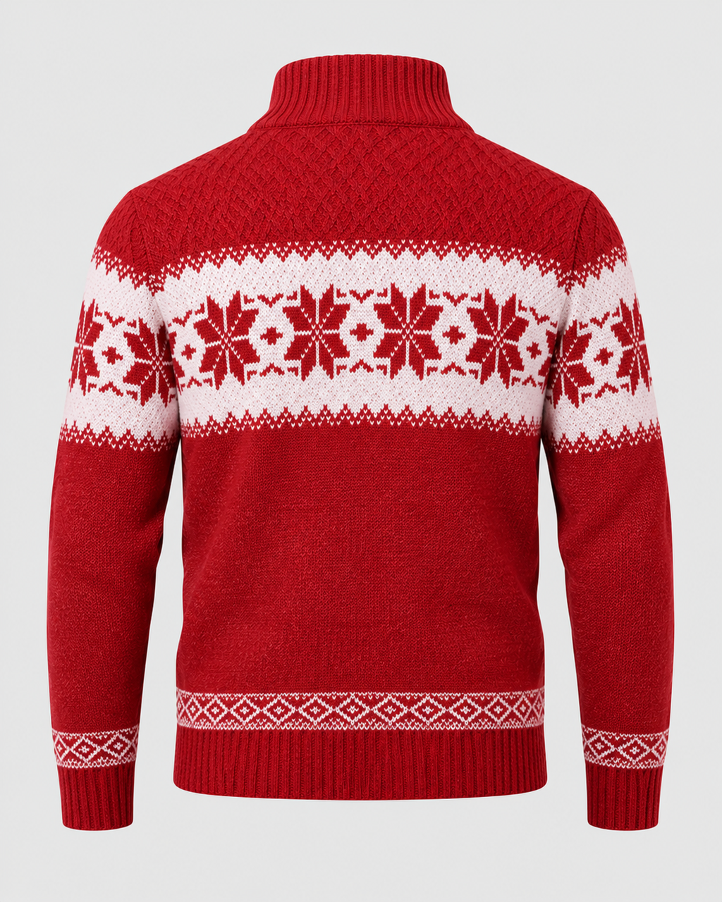 Rød Jacquardstrik Sweater til Herrer - Nordisk Snefnugsbånd, Sjalskrave
