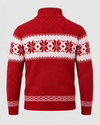 Rød Jacquardstrik Sweater til Herrer - Nordisk Snefnugsbånd, Sjalskrave