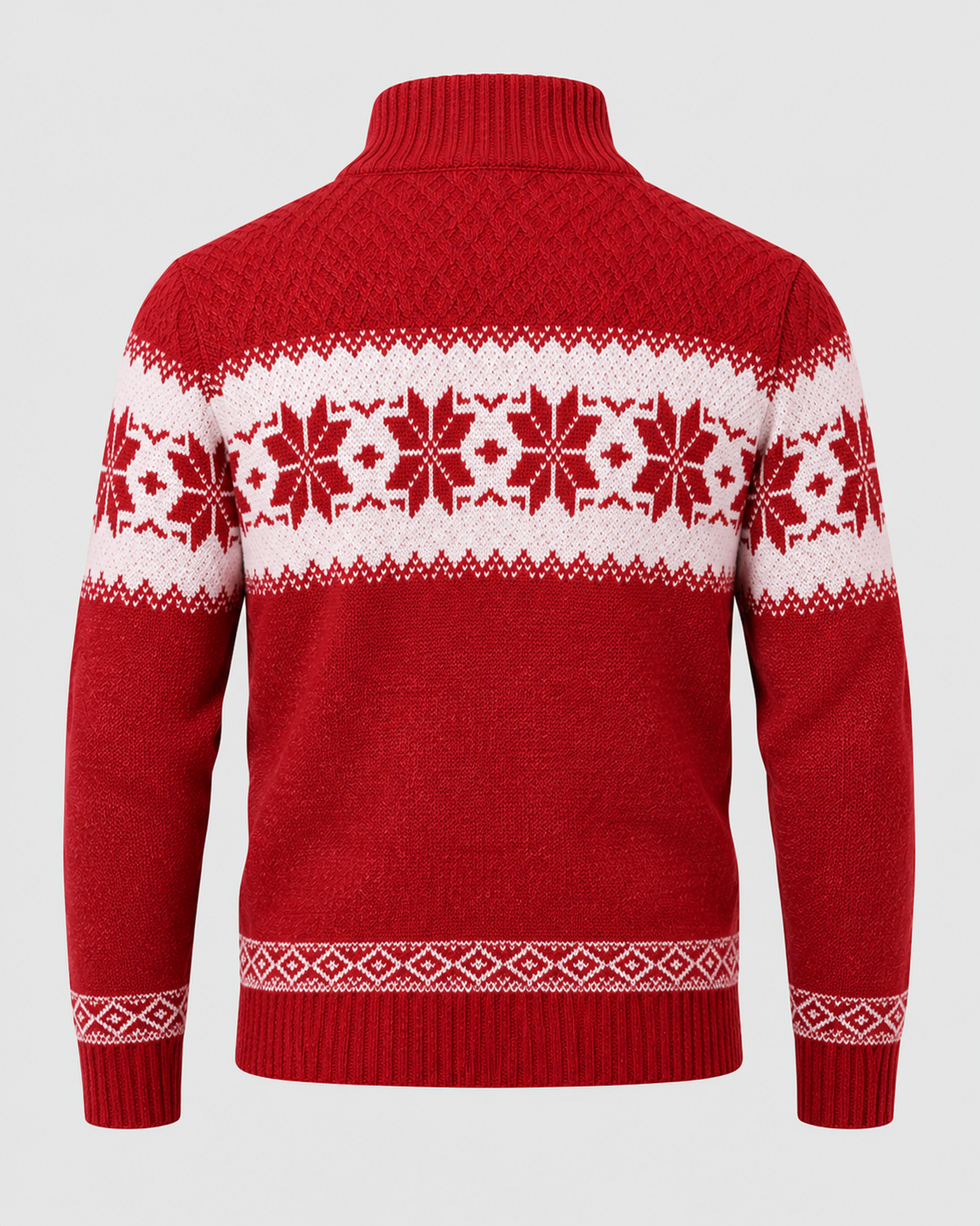Rød Jacquardstrik Sweater til Herrer - Nordisk Snefnugsbånd, Sjalskrave