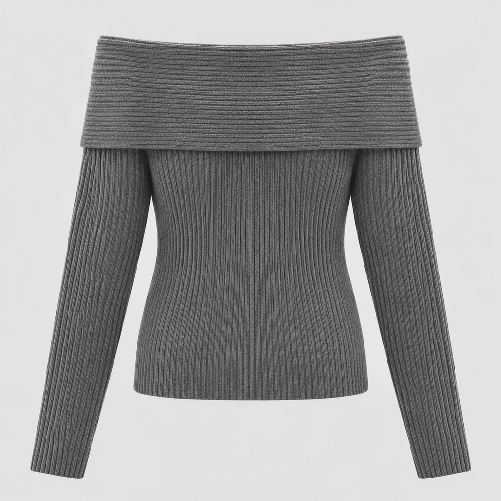 Off-Shoulder Sweater til Damer - Foldet Halsudskæring, Lange Ærmer