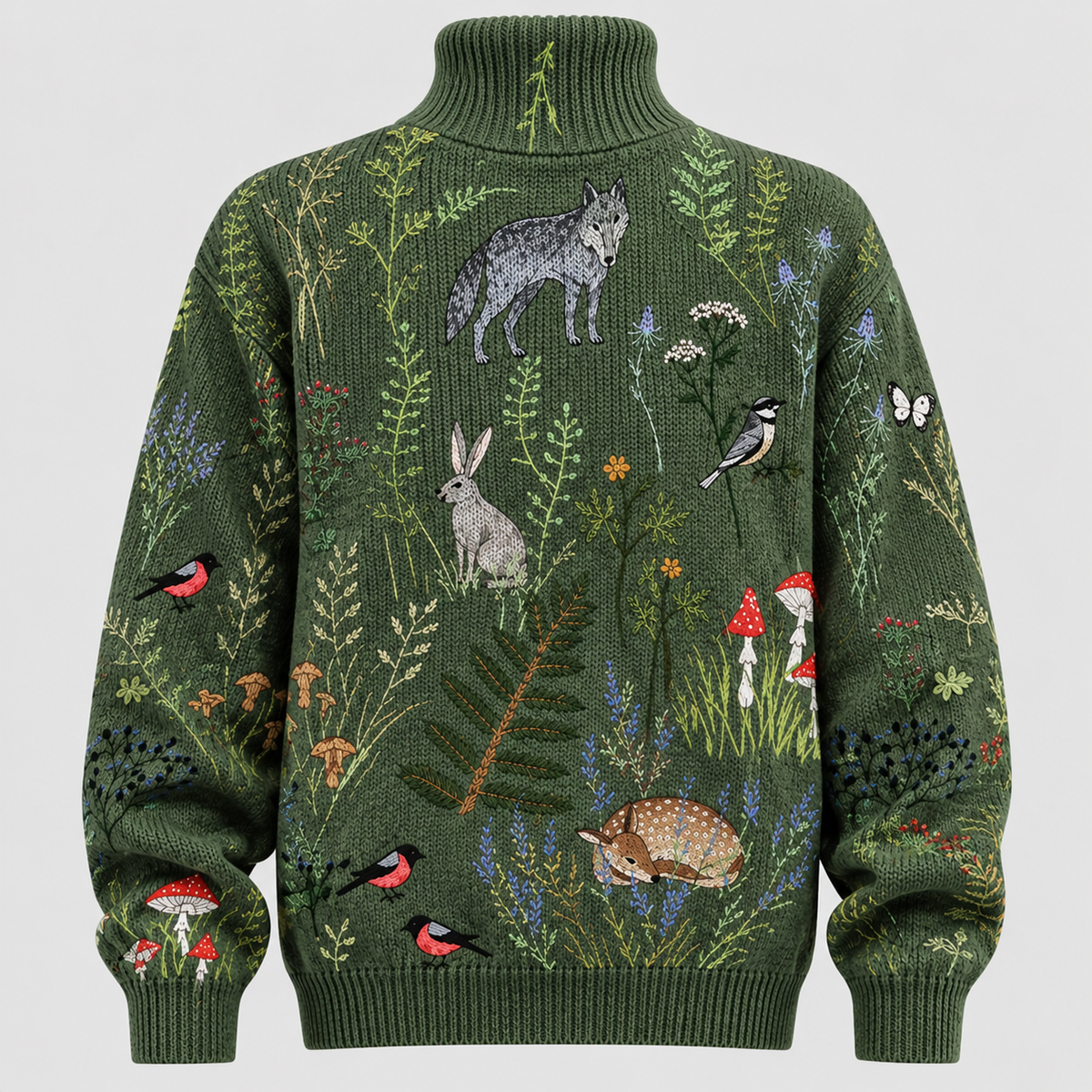 Botanisk Printet Sweater - Rullekrave, Afslappet Strik