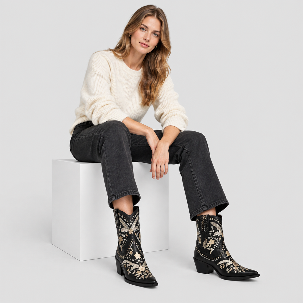 Broderede Cowgirlstøvler til Damer - Blomsterdesign med Blokhæl