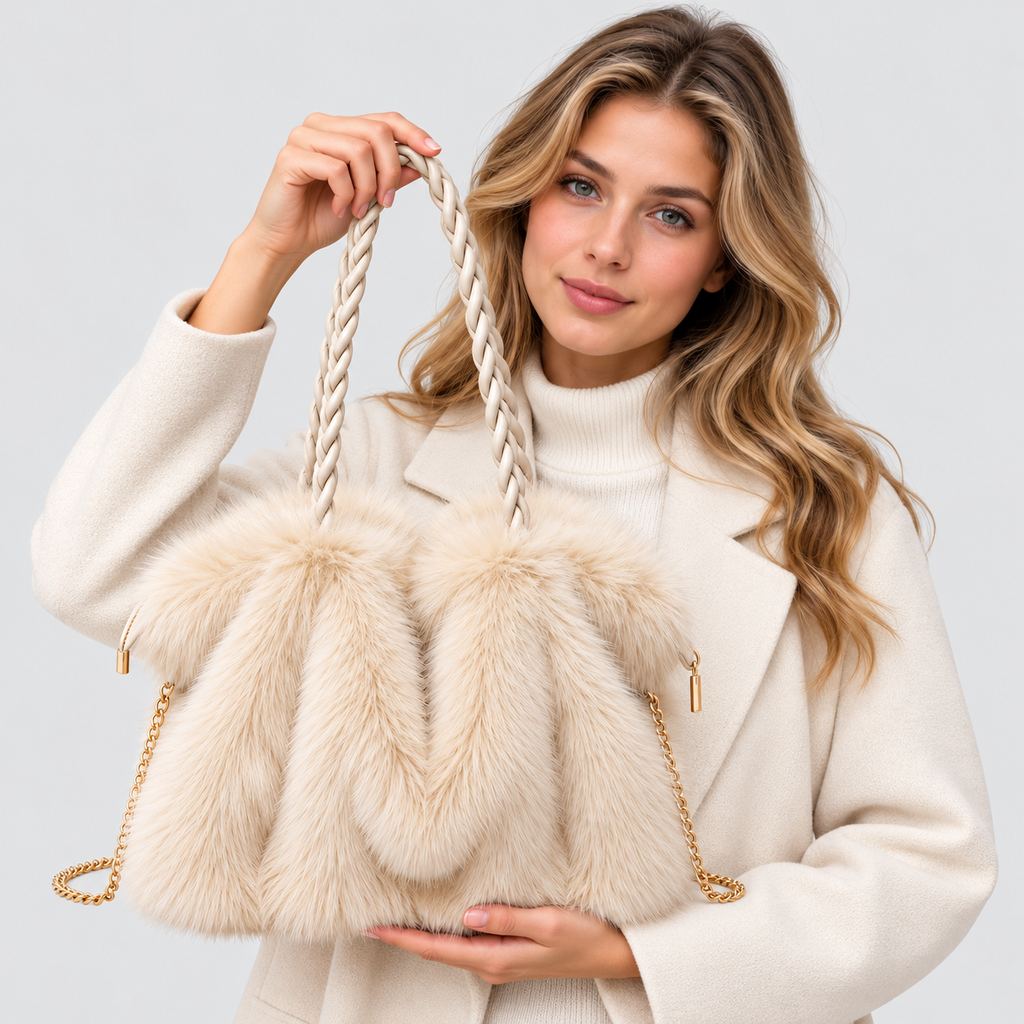 Skuldertaske i Kunstpels til Damer - Flettet Hank, Rynket Form