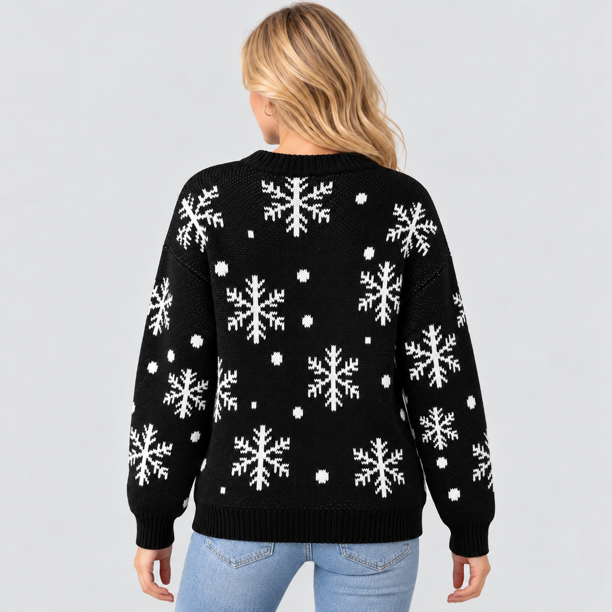 Julesweater med Rensdyr til Damer - Snefnugsprint, Sort Strik